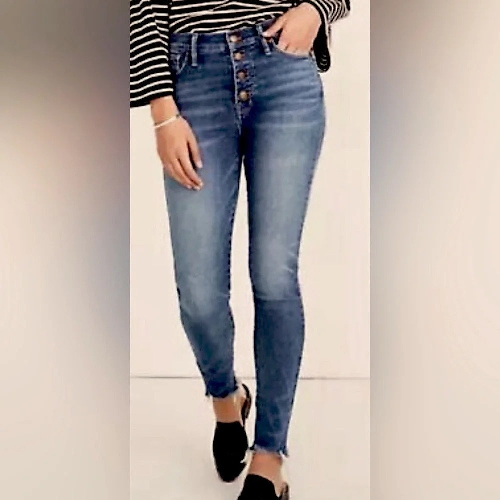 Madewell 10" high-rise skinny denim blue button fly frayed street office 27P